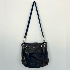 FOSSIL Blue Retro 1954 Long Live Vintage Purse Leather Snap Satchel Shoulder Bag